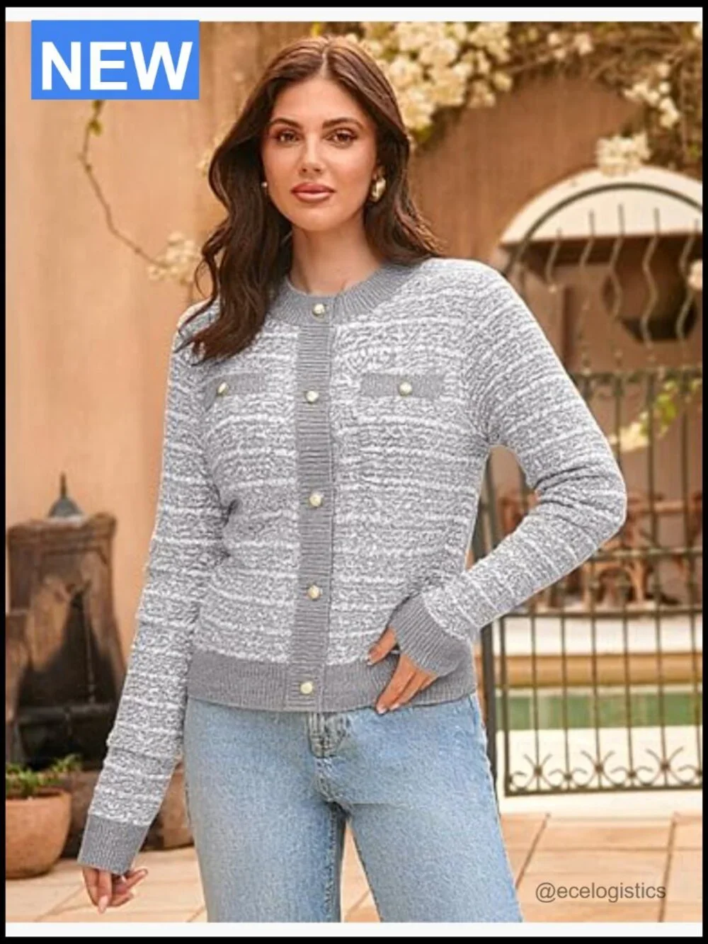 Open Front Button Down Long Sleeve Texture Knit Cardigan with Pockets